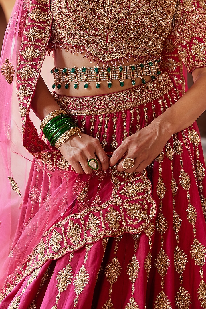 Fuchsia Red Raw Silk Embroidered Bridal Lehenga Set by NITIKA GUJRAL at Pernia's Pop Up Shop