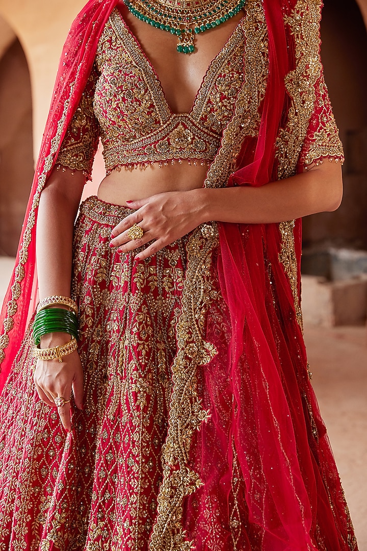 Blood Red Raw Silk Sequins Embroidered Bridal Lehenga Set by NITIKA GUJRAL at Pernia's Pop Up Shop