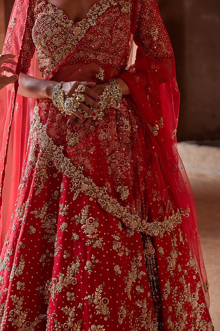 Crimson Red Raw Silk Sequins Embroidered Bridal Lehenga Set by NITIKA GUJRAL at Pernia's Pop Up Shop