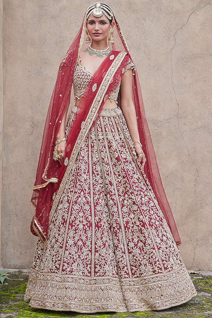 Maroon Velvet Zardosi Embroidered Bridal Bridal Lehenga Set by NITIKA GUJRAL at Pernia's Pop Up Shop