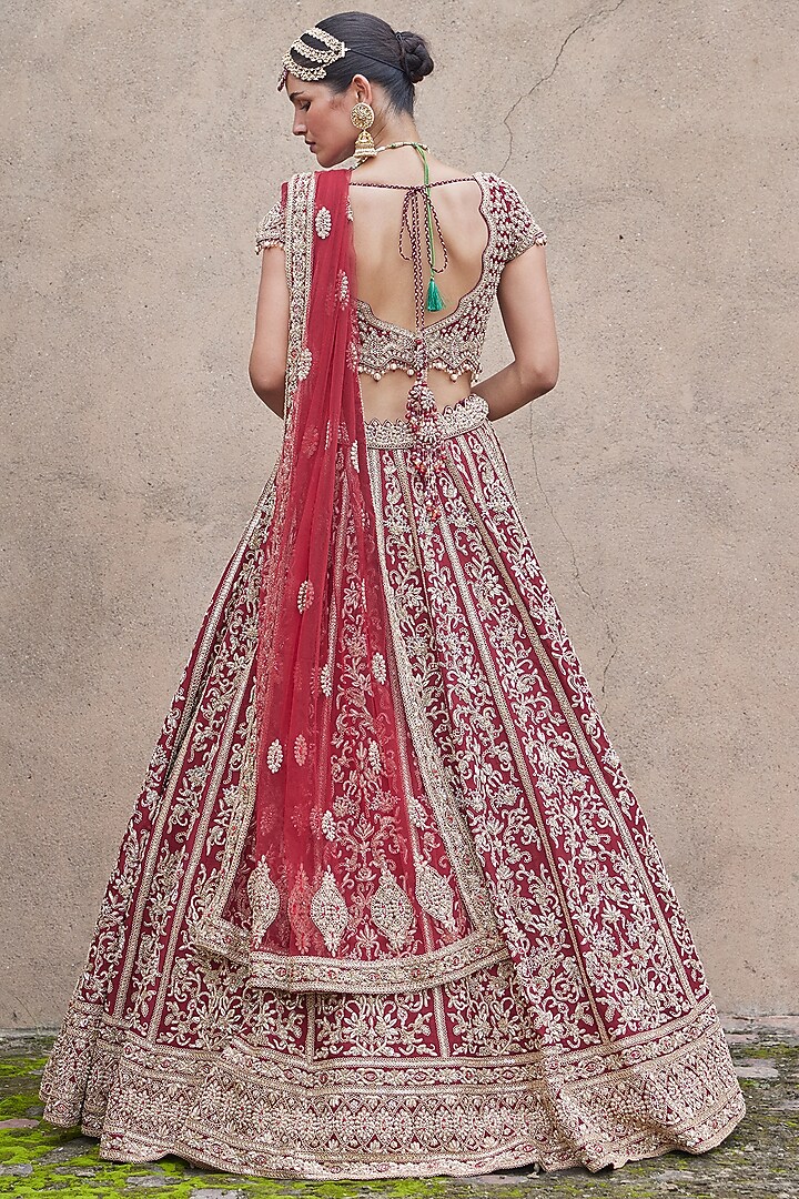 Maroon Velvet Zardosi Embroidered Bridal Bridal Lehenga Set by NITIKA GUJRAL at Pernia's Pop Up Shop