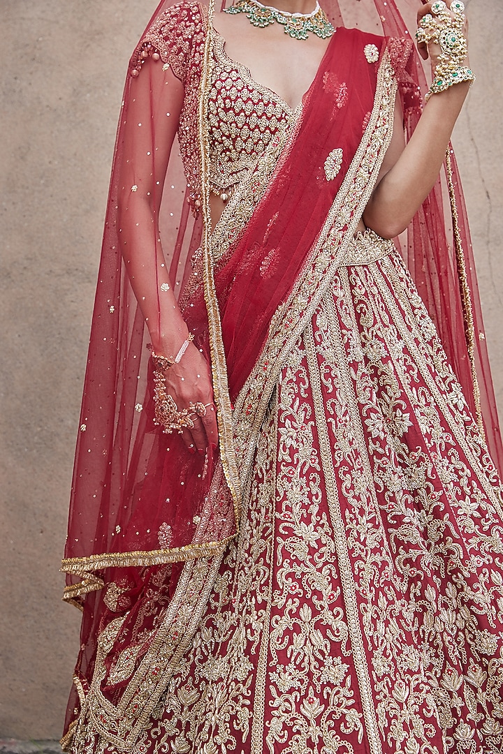 Maroon Velvet Zardosi Embroidered Bridal Bridal Lehenga Set by NITIKA GUJRAL at Pernia's Pop Up Shop