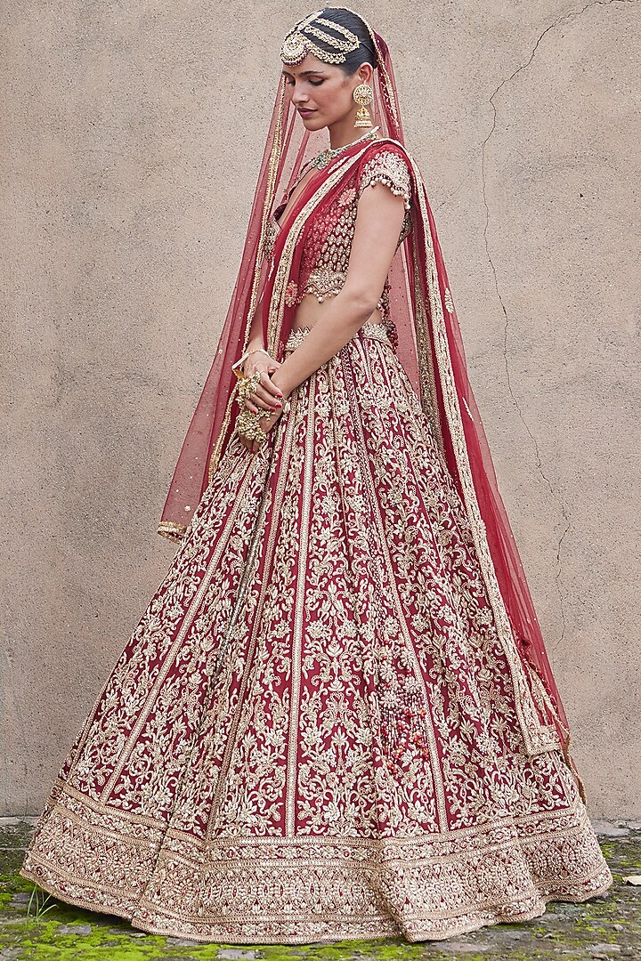 Maroon Velvet Zardosi Embroidered Bridal Bridal Lehenga Set by NITIKA GUJRAL at Pernia's Pop Up Shop