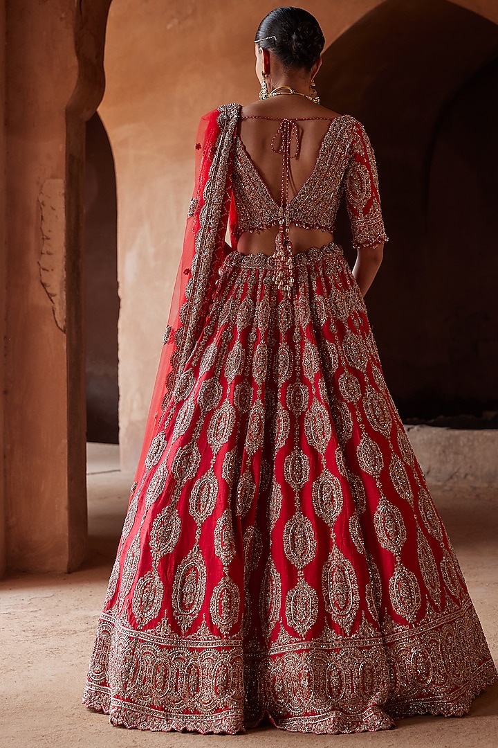 Scarlet Red Raw Silk Resham Embroidered Bridal Lehenga Set by NITIKA GUJRAL at Pernia's Pop Up Shop