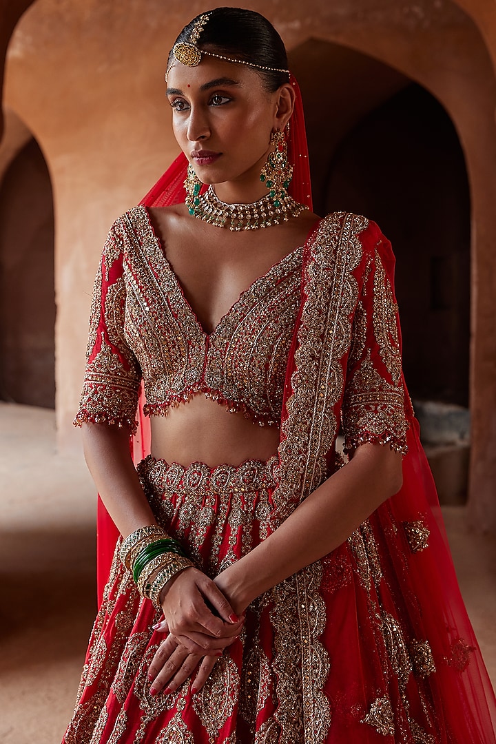 Scarlet Red Raw Silk Resham Embroidered Bridal Lehenga Set by NITIKA GUJRAL at Pernia's Pop Up Shop