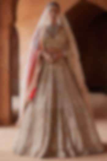 Champagne Net & Satin Dabka Embroidered Bridal Lehenga Set by NITIKA GUJRAL at Pernia's Pop Up Shop