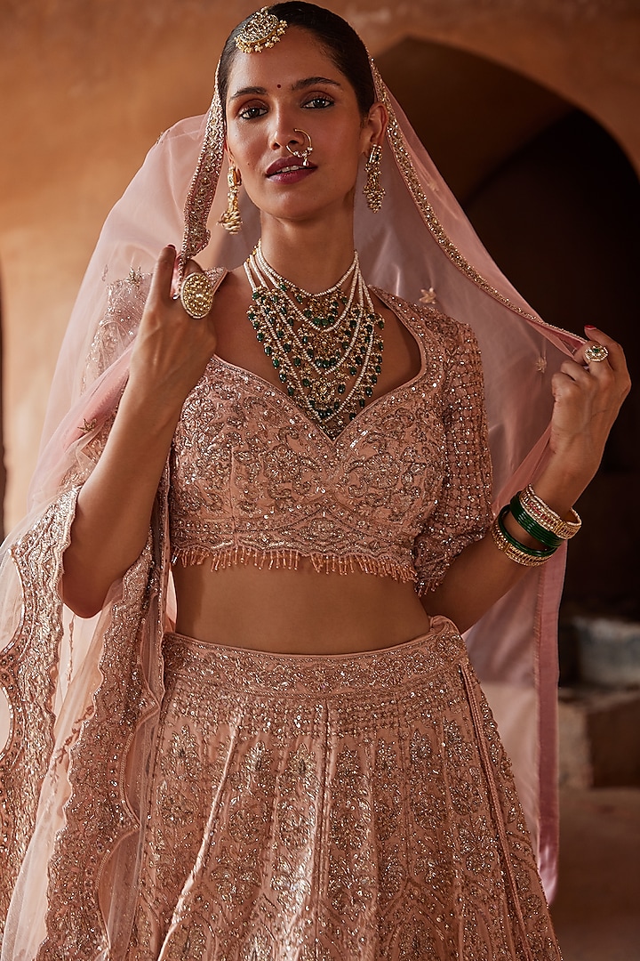 Blush Pink Raw Silk Crystal Embellished Bridal Lehenga Set by NITIKA GUJRAL at Pernia's Pop Up Shop