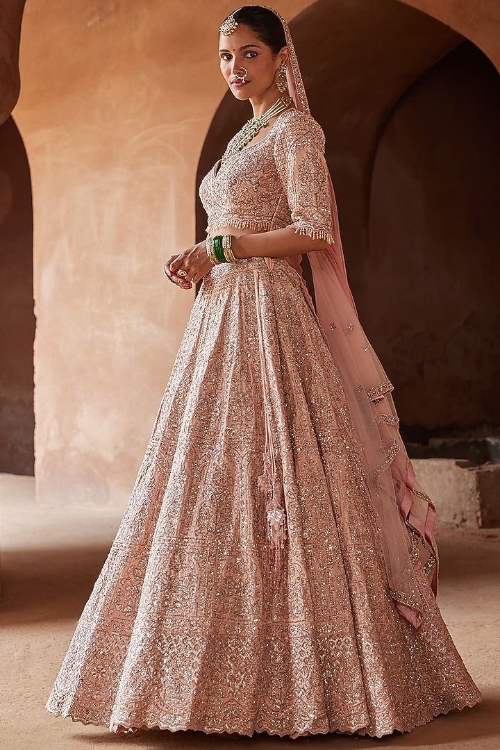Blush Pink Raw Silk Crystal Embellished Bridal Lehenga Set by NITIKA GUJRAL at Pernia's Pop Up Shop