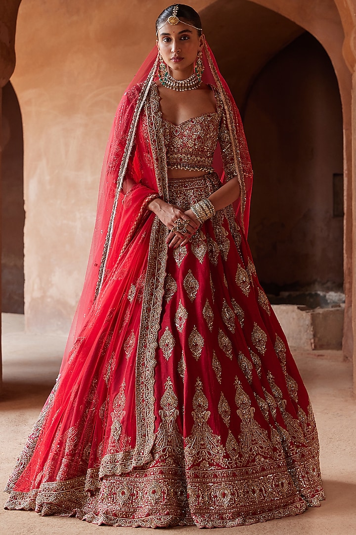 Cardinal Red Raw Silk Embroidered Lehenga Set Design By Nitika Gujral At Pernias Pop Up Shop 2024 9493