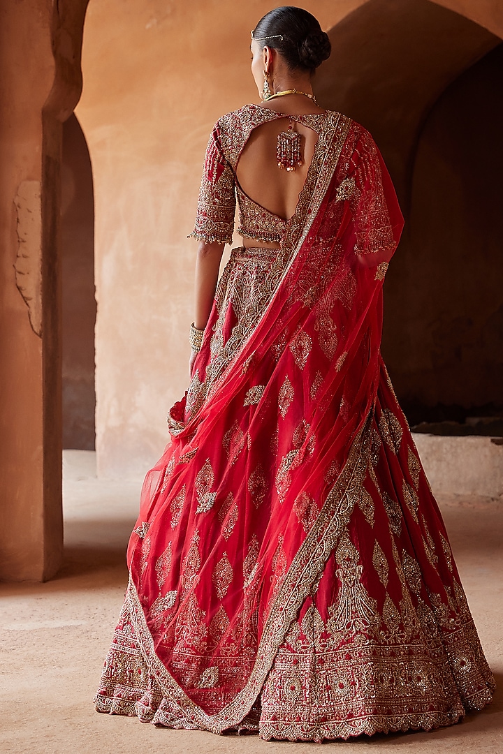 Cardinal Red Raw Silk Dabka Embroidered Bridal Bridal Lehenga Set by NITIKA GUJRAL at Pernia's Pop Up Shop