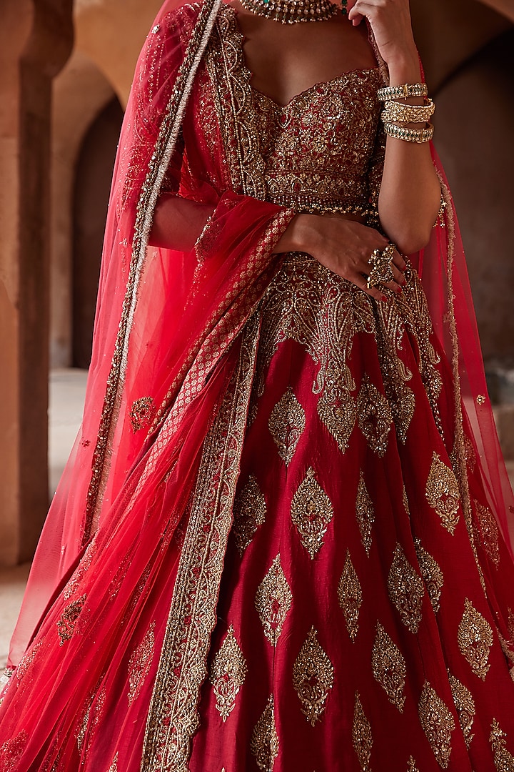 Cardinal Red Raw Silk Dabka Embroidered Bridal Bridal Lehenga Set by NITIKA GUJRAL at Pernia's Pop Up Shop