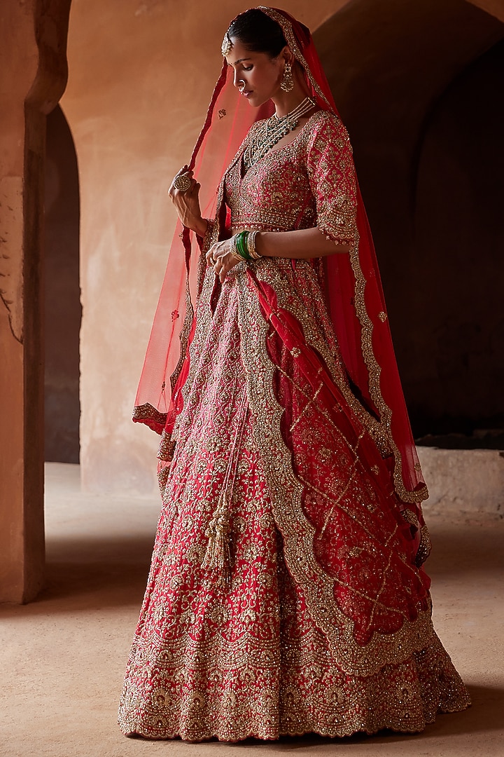 Red & Coral Ombre Raw Silk Embroidered Bridal Lehenga Set by NITIKA GUJRAL at Pernia's Pop Up Shop
