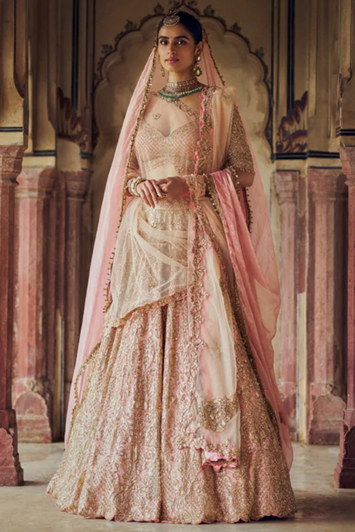 Peach Satin & Tulle Sequins Work Bridal Lehenga Set by NITIKA GUJRAL at Pernia's Pop Up Shop