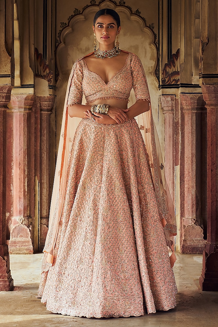 Peach Taffeta Silk Dabka & Sequins Embroidered Lehenga Set by NITIKA GUJRAL