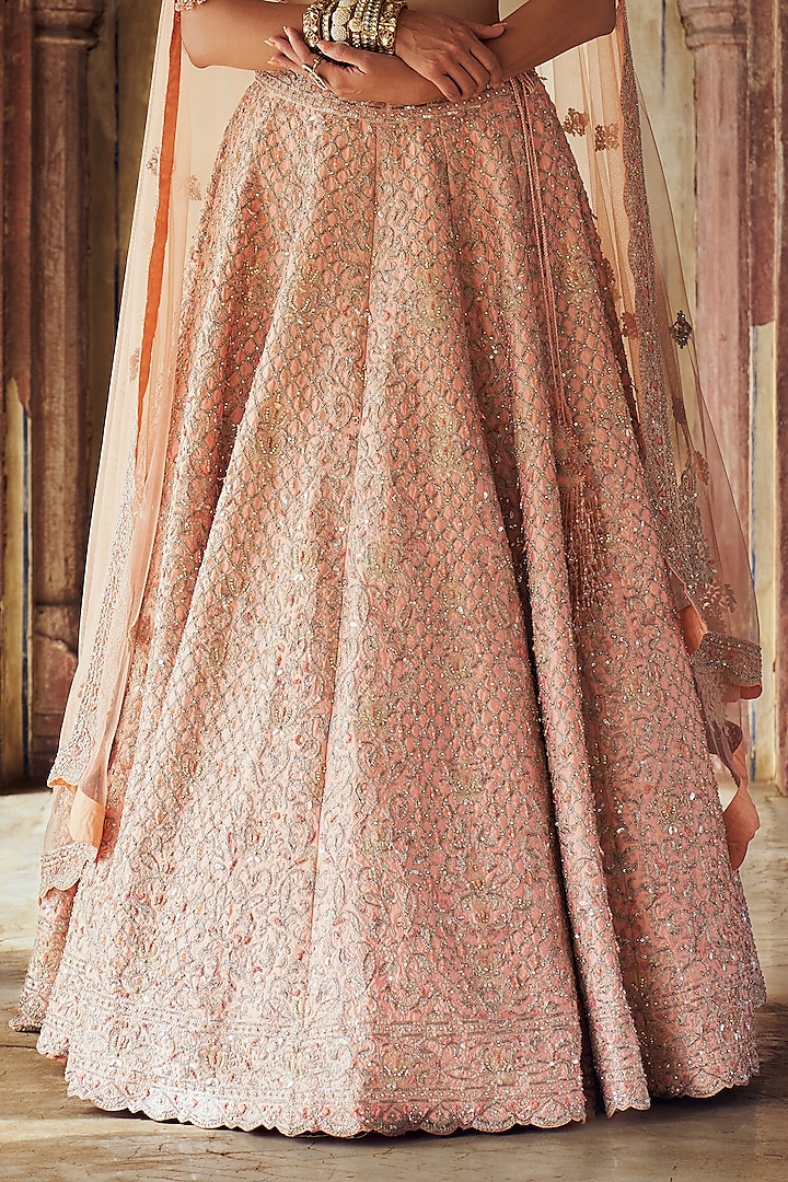 Peach Taffeta Silk Dabka & Sequins Embroidered Bridal Lehenga Set by NITIKA GUJRAL at Pernia's Pop Up Shop