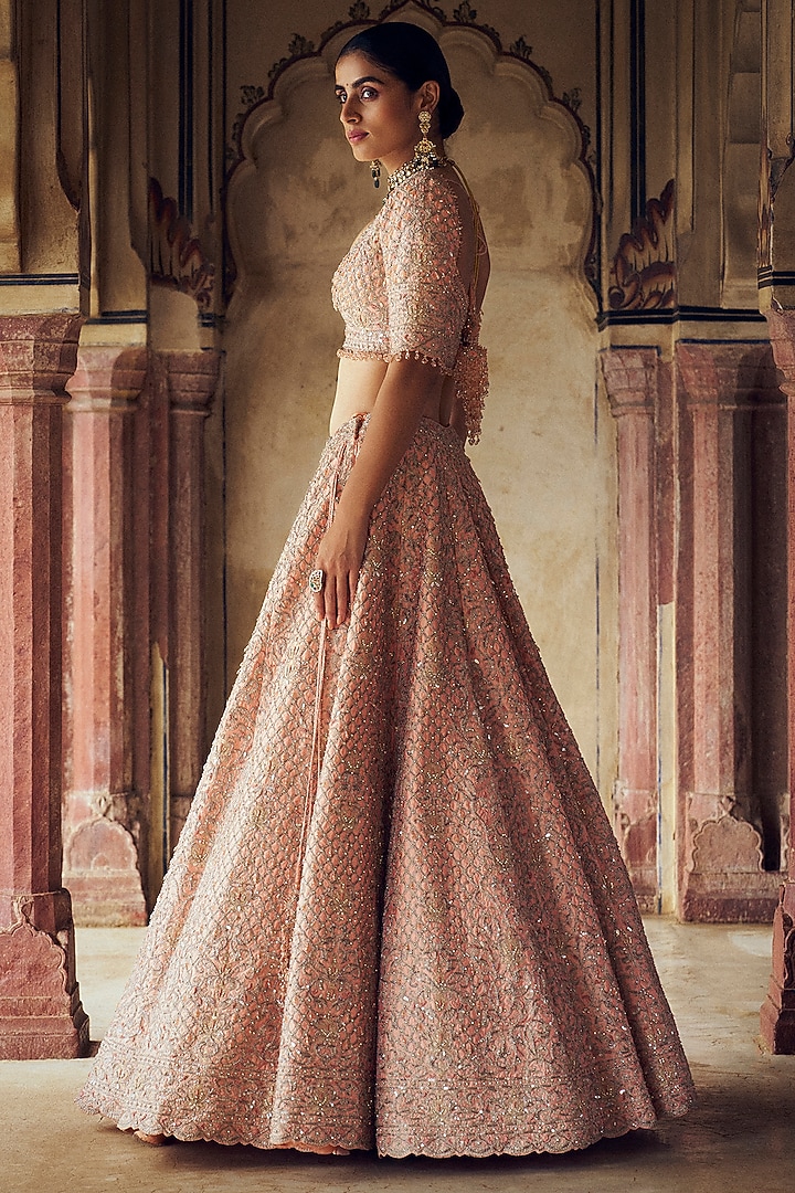 Peach Taffeta Silk Dabka & Sequins Embroidered Bridal Lehenga Set by NITIKA GUJRAL at Pernia's Pop Up Shop
