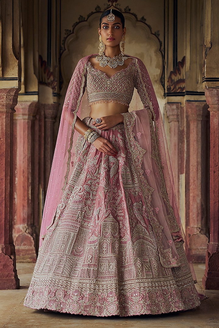 Blush Pink Velvet Dabka & Sequins Embroidered Lehenga Set by NITIKA GUJRAL