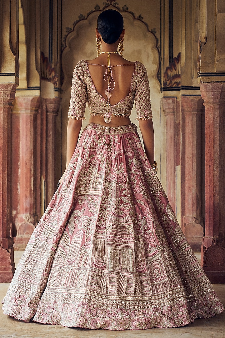 Blush Pink Velvet Dabka & Sequins Embroidered Bridal Lehenga Set by NITIKA GUJRAL at Pernia's Pop Up Shop