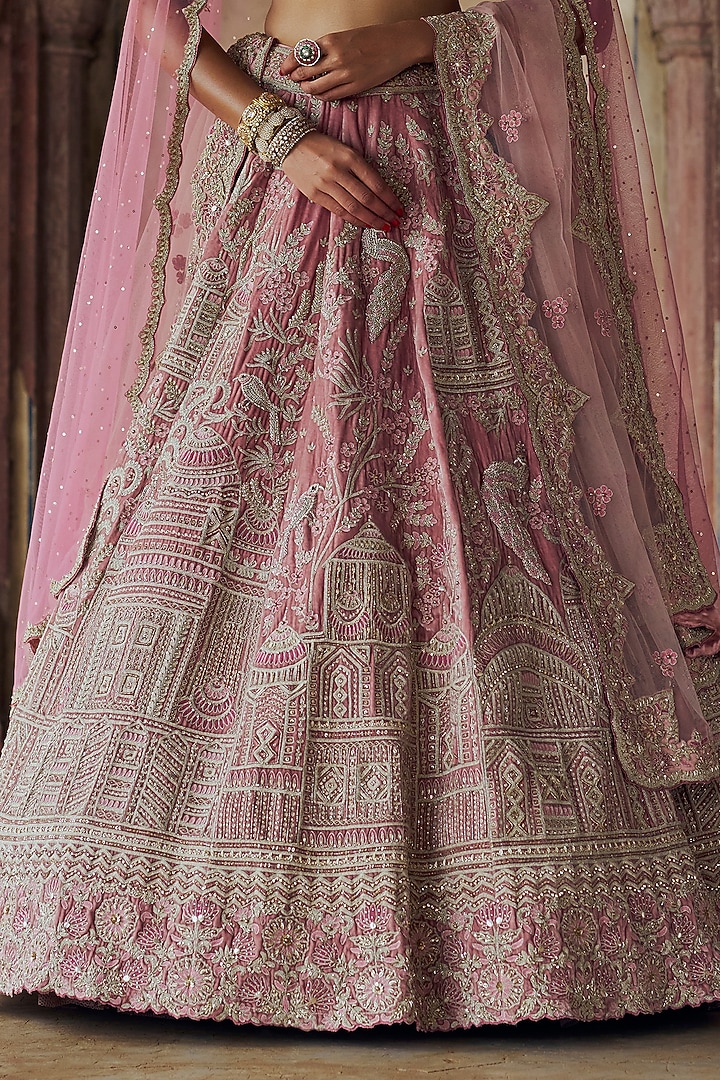 Blush Pink Velvet Dabka & Sequins Embroidered Bridal Lehenga Set by NITIKA GUJRAL at Pernia's Pop Up Shop
