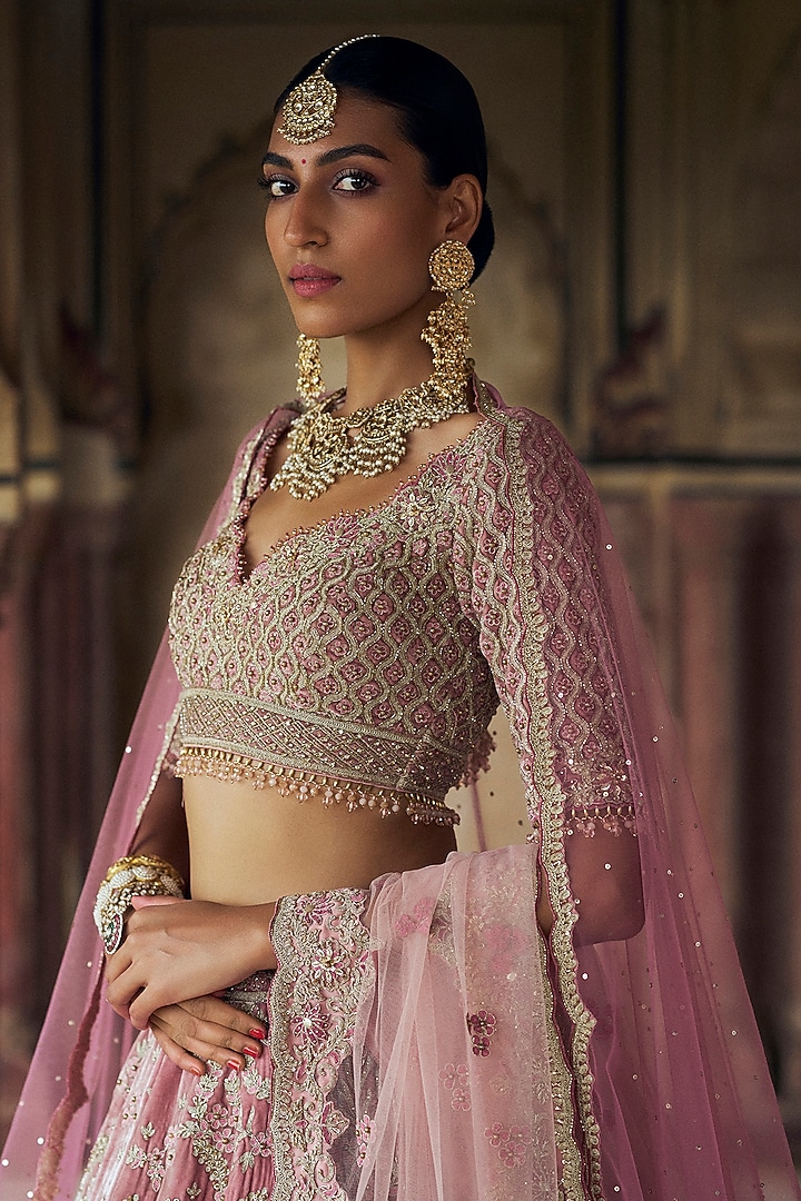 Blush Pink Velvet Dabka & Sequins Embroidered Bridal Lehenga Set by NITIKA GUJRAL at Pernia's Pop Up Shop