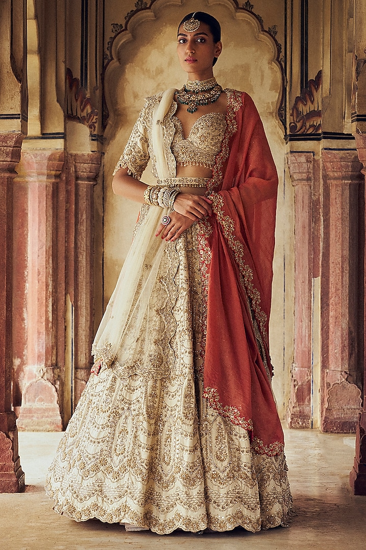 Red Raw Silk Dabka & Sequins Embroidered Lehenga Set by NITIKA GUJRAL