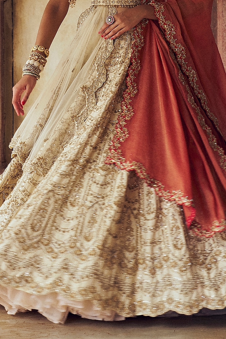 Gold Raw Silk Dabka & Sequins Embroidered Bridal Lehenga Set by NITIKA GUJRAL at Pernia's Pop Up Shop