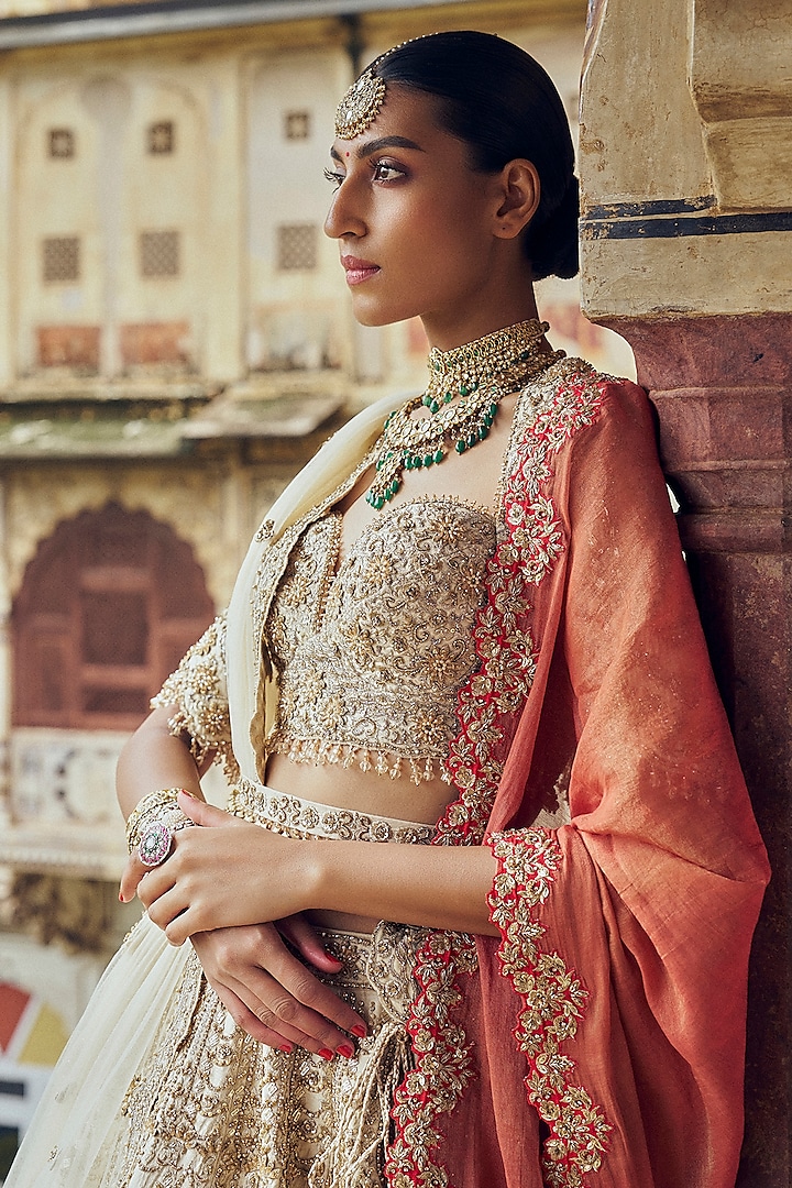 Gold Raw Silk Dabka & Sequins Embroidered Bridal Lehenga Set by NITIKA GUJRAL at Pernia's Pop Up Shop
