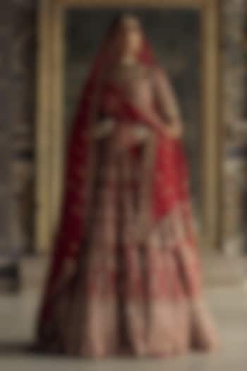 Deep Red Raw Silk Dabka & Sequins Embroidered Lehenga Set by NITIKA GUJRAL