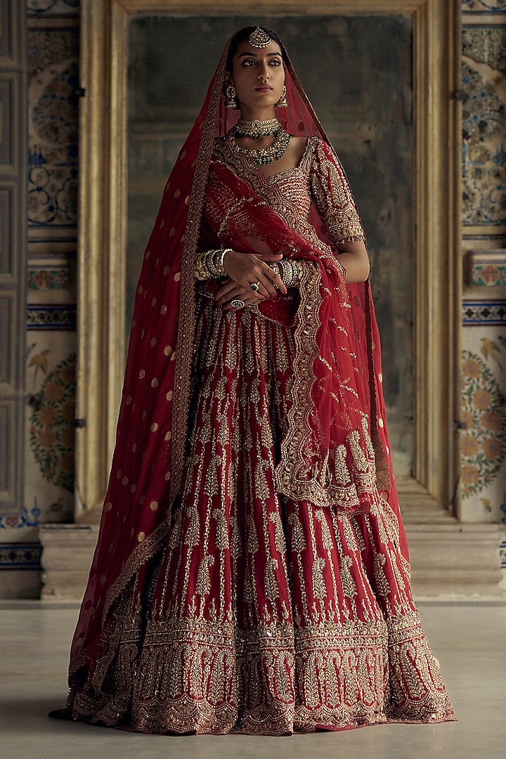 Deep Red Raw Silk Dabka & Sequins Embroidered Lehenga Set by NITIKA GUJRAL