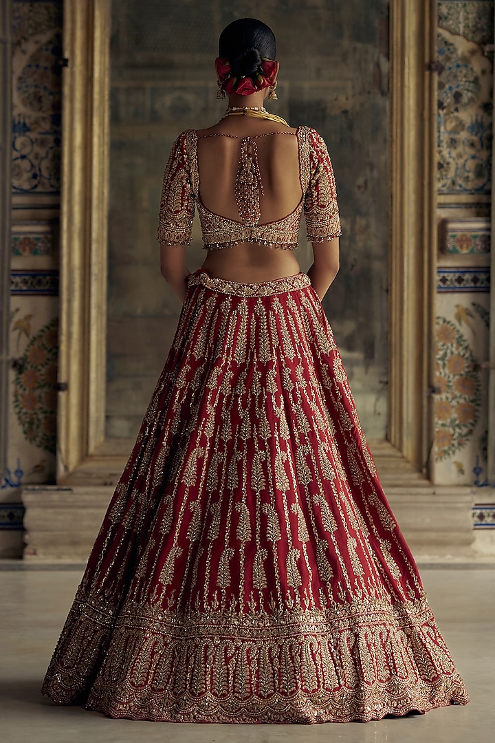 Deep Red Raw Silk Dabka & Sequins Embroidered Bridal Lehenga Set by NITIKA GUJRAL at Pernia's Pop Up Shop