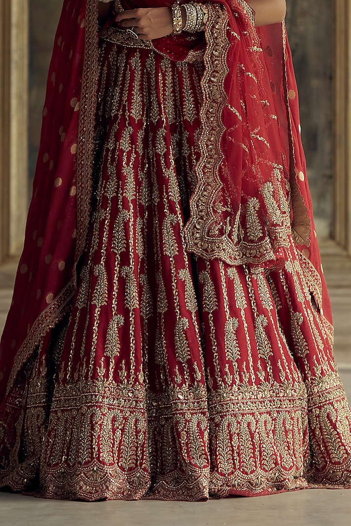 Deep Red Raw Silk Dabka & Sequins Embroidered Bridal Lehenga Set by NITIKA GUJRAL at Pernia's Pop Up Shop