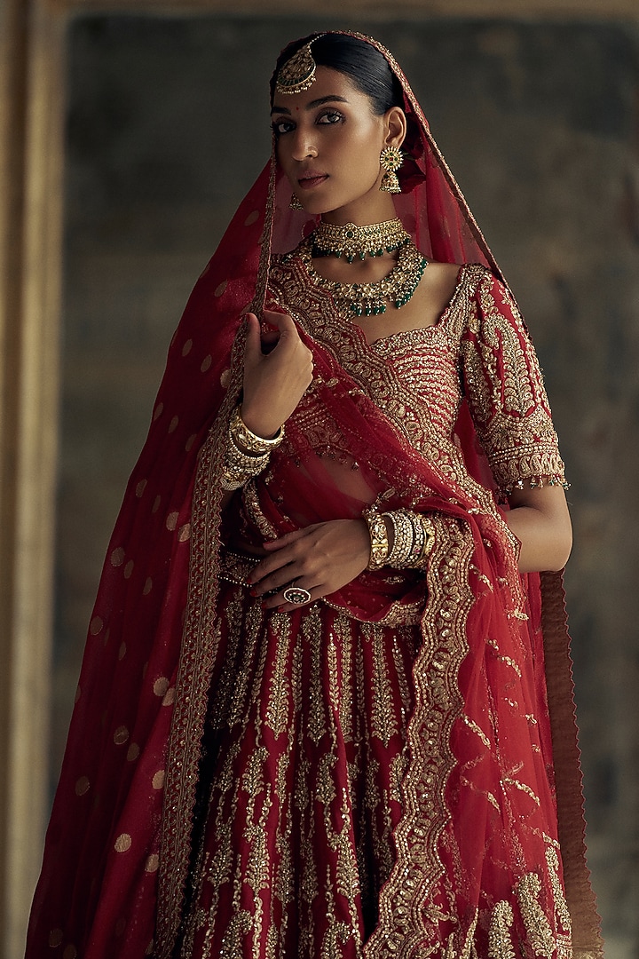 Deep Red Raw Silk Dabka & Sequins Embroidered Bridal Lehenga Set by NITIKA GUJRAL at Pernia's Pop Up Shop