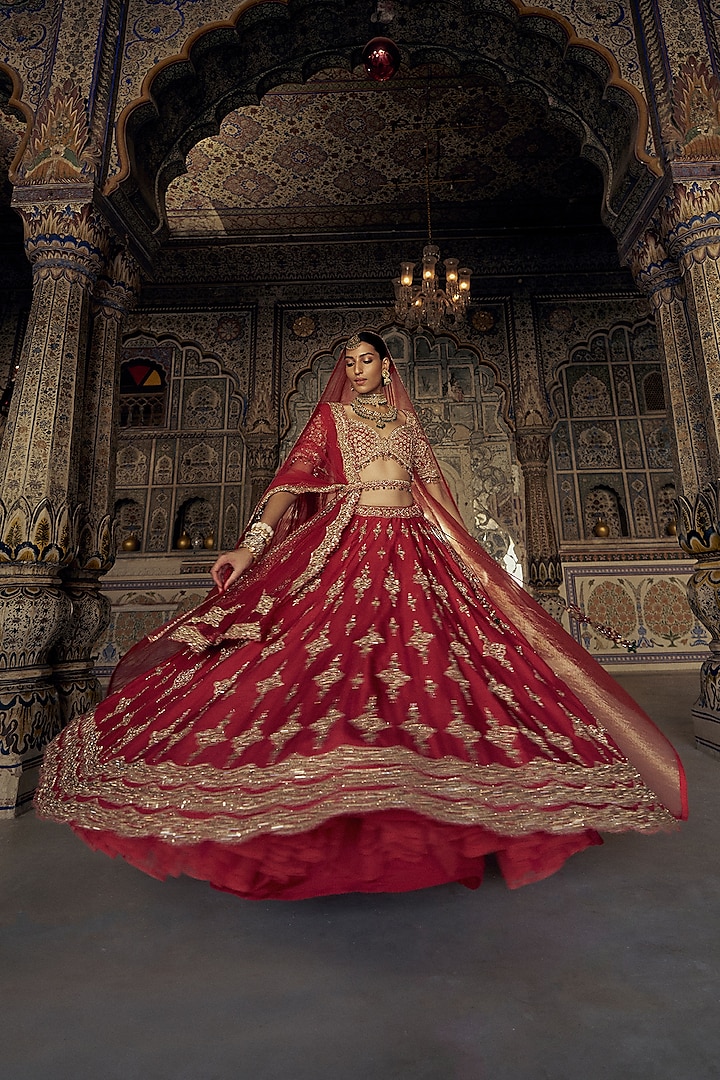 Deep Red Raw Silk Dabka & Sequins Embroidered Lehenga Set by NITIKA GUJRAL