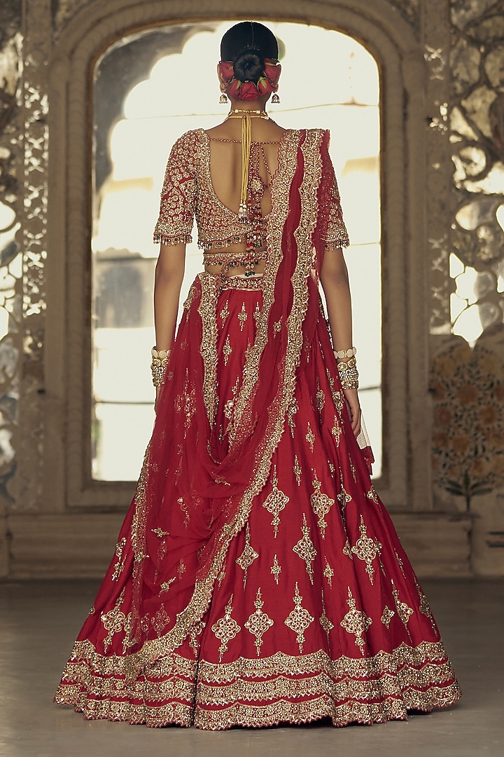 Deep Red Raw Silk Dabka & Sequins Embroidered Bridal Lehenga Set by NITIKA GUJRAL at Pernia's Pop Up Shop