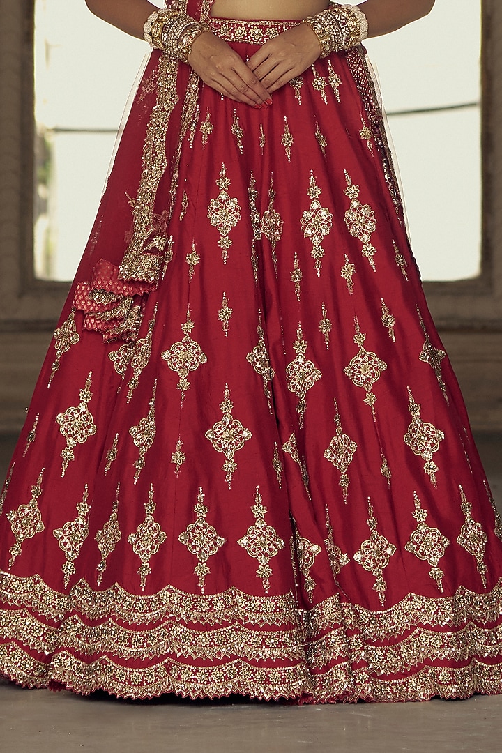 Deep Red Raw Silk Dabka & Sequins Embroidered Bridal Lehenga Set by NITIKA GUJRAL at Pernia's Pop Up Shop