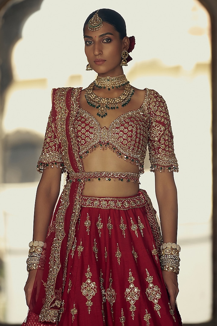 Deep Red Raw Silk Dabka & Sequins Embroidered Bridal Lehenga Set by NITIKA GUJRAL at Pernia's Pop Up Shop