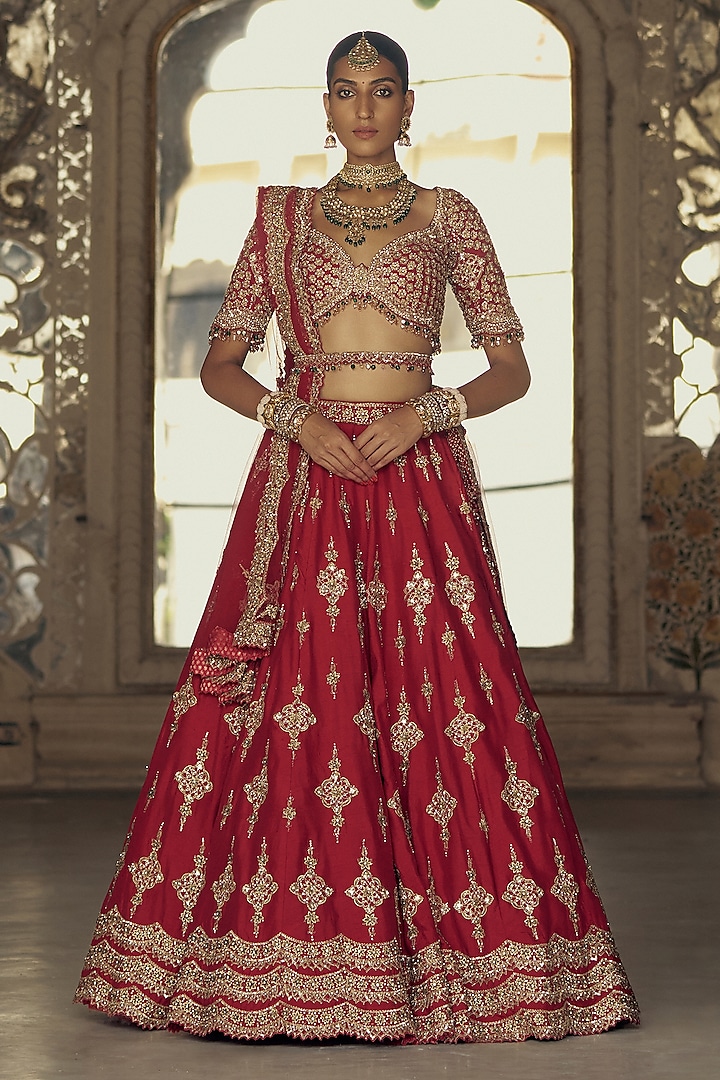 Deep Red Raw Silk Dabka & Sequins Embroidered Bridal Lehenga Set by NITIKA GUJRAL at Pernia's Pop Up Shop