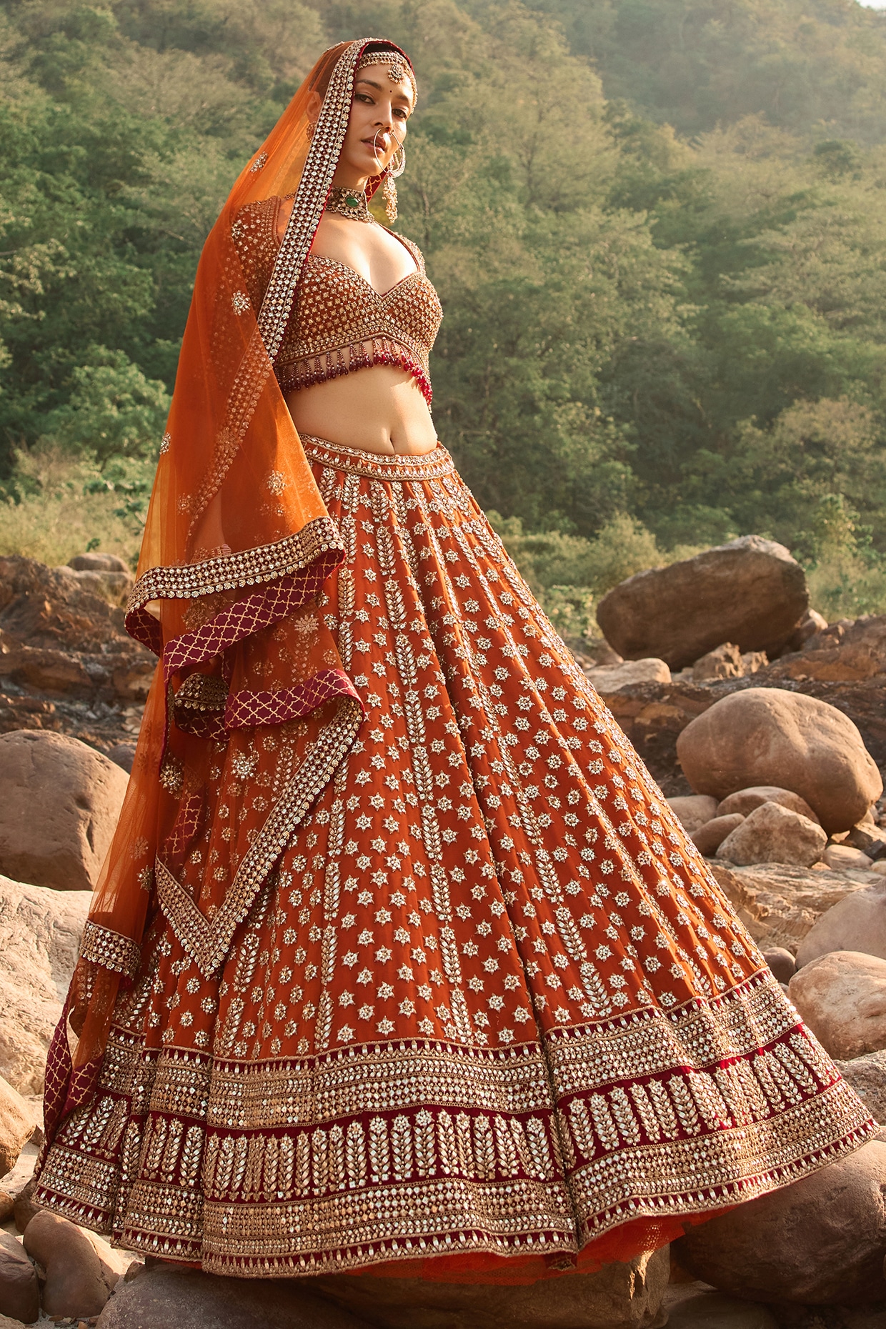 NITIKA GUJRAL Burnt Orange Raw Silk Zardosi Embroidered Bridal Lehenga Set