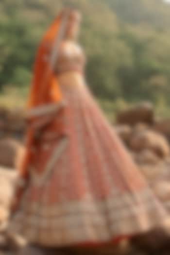 Burnt Orange Raw Silk Zardosi Embroidered Bridal Bridal Lehenga Set by NITIKA GUJRAL at Pernia's Pop Up Shop
