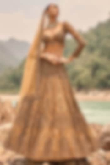 Burnt Orange Net Zardosi Embroidered Bridal Bridal Lehenga Set by NITIKA GUJRAL at Pernia's Pop Up Shop