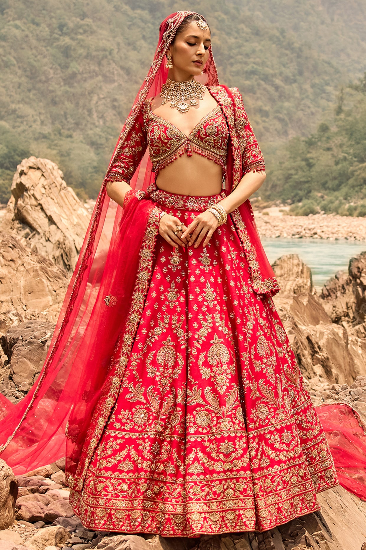 NITIKA GUJRAL Amber Red Raw Silk Hand Block Printed Bridal Lehenga Set