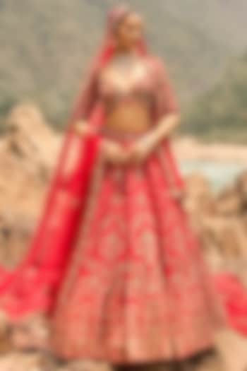 Amber Red Raw Silk Hand Block Printed Bridal Bridal Lehenga Set by NITIKA GUJRAL at Pernia's Pop Up Shop
