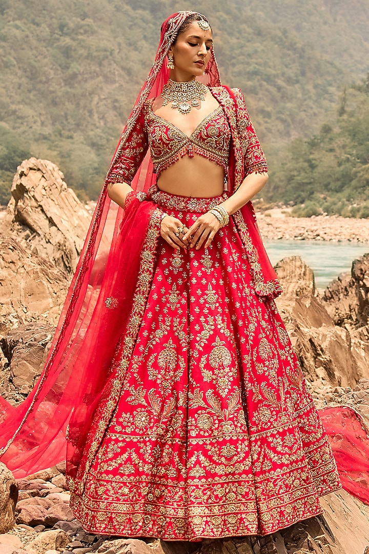 Amber Red Raw Silk Hand Block Printed Bridal Bridal Lehenga Set by NITIKA GUJRAL at Pernia's Pop Up Shop
