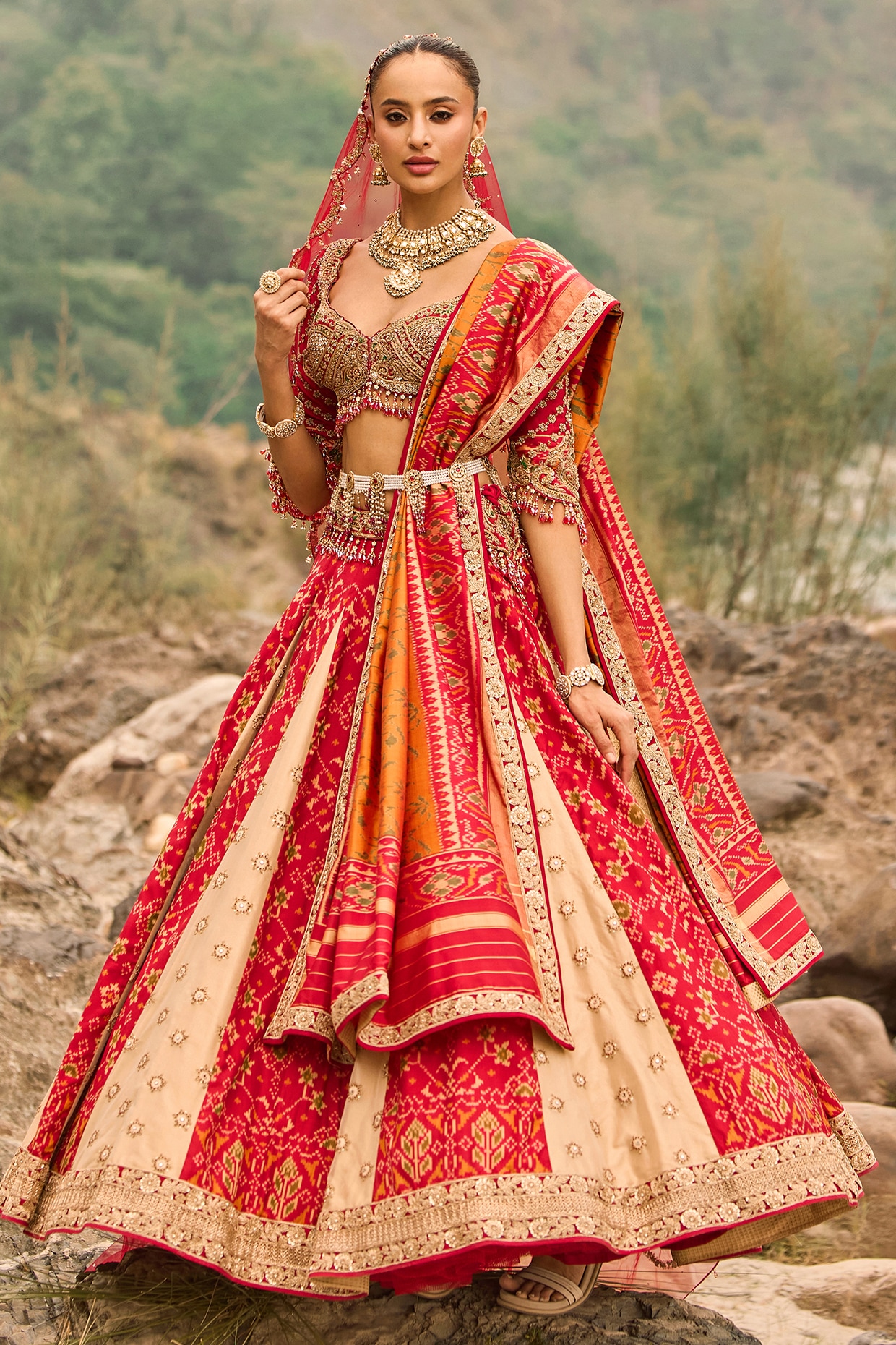 NITIKA GUJRAL Multi-Colored Patola Silk Zardosi Embroidered Bridal Lehenga Set