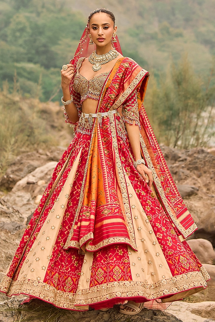 Multi-Colored Patola Silk Zardosi Embroidered Bridal Bridal Lehenga Set by NITIKA GUJRAL at Pernia's Pop Up Shop