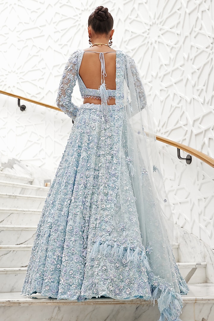 Powder Blue Net & Satin Tonal Beads & Sequins Embroidered Bridal Lehenga Set by NITIKA GUJRAL at Pernia's Pop Up Shop