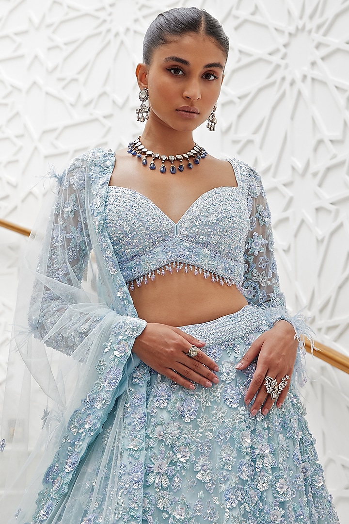 Powder Blue Net Satin Tonal Beads Sequins Embroidered Bridal
