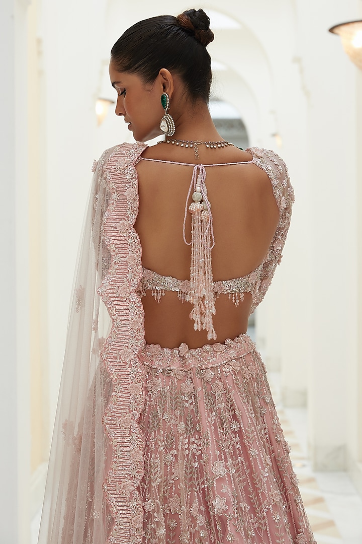 Rose Pink Net & Satin Tonal Beads & Sequins Embroidered Bridal Lehenga Set by NITIKA GUJRAL at Pernia's Pop Up Shop