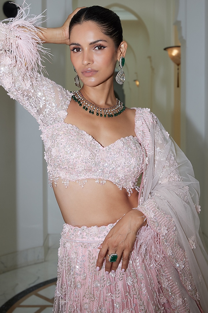 Rose Pink Net & Satin Tonal Beads & Sequins Embroidered Bridal Lehenga Set by NITIKA GUJRAL at Pernia's Pop Up Shop