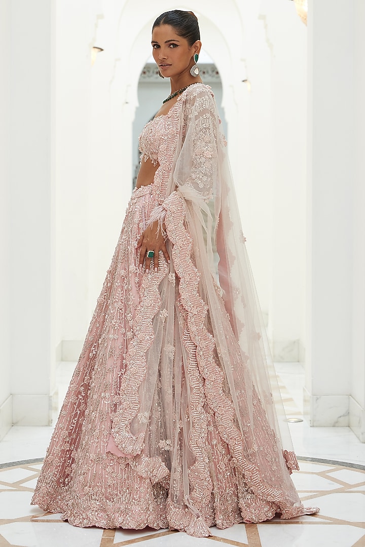 Rose Pink Net & Satin Tonal Beads & Sequins Embroidered Bridal Lehenga Set by NITIKA GUJRAL at Pernia's Pop Up Shop